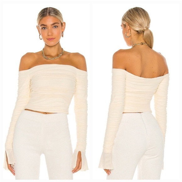 Danielle Guizio Blouse Alia Off The Shoulder Ruched Long Sleeve in Cream - Picture 1 of 8